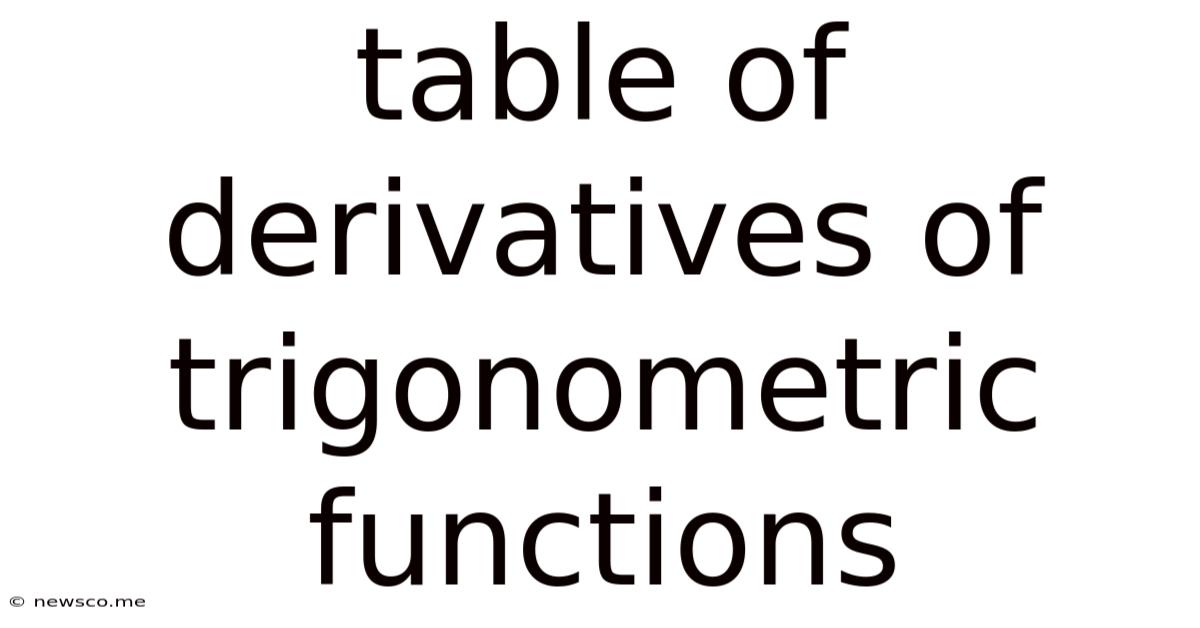 Table Of Derivatives Of Trigonometric Functions